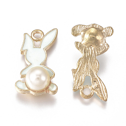 Aquamarine Alloy Enamel Pendants, with Glass Imitation Pearl, Rabbit, Golden, Aquamarine, 25x18x8.5mm, Hole: 2.5mm