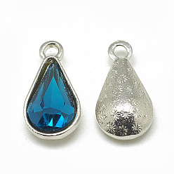 Teal Alloy Glass Pendants, Faceted, teardrop, Platinum, Teal, 18x10x5mm, Hole: 2mm
