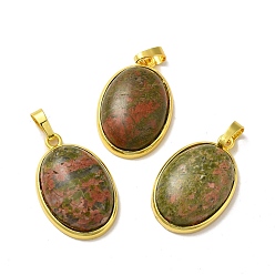 Unakite Natural Unakite Pendants, Oval Charms, with Rack Plating Golden Plated Brass Findings, Lead Free & Cadmium Free, 31x20x7.5~8mm, Hole: 7x5mm