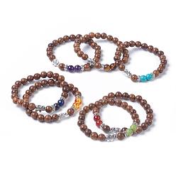 Смешанные камни Окрашенные деревянные круглые бусины стрейч браслеты, штабелируемые браслеты, с натуральными и синтетическими драгоценными камнями / смолой, Бусины из слонов и проставок из сплава в тибетском стиле, 2 дюйм (5.1 см), 7 шт / комплект