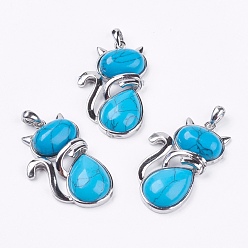 Synthetic Turquoise Synthetic Turquoise Kitten Pendants, with Brass Findings, Cat Silhouette Shape, Platinum, 44x26.5x7.5mm, Hole: 4x6mm