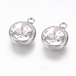Clear K9 Glass Rhinestone Pendants, April Birthstone Charms, with 304 Stainless Steel Findings, Flat Round, Clear, 18x14x9mm, Hole: 2.5mm
