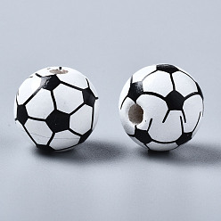 White Painted Natural Wood European Beads, Large Hole Beads, Printed, Football, White, 16x15mm, Hole: 4mm