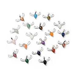 Mixed Stone Natural & Synthetic Mixed Gemstone Pendants, with Platinum Tone Brass Findings, Lead Free & Cadmium Free, Deer Head Charms, Mixed Dyed and Undyed, 23~24x34x7.5mm, Hole: 5x8mm