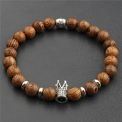 Crown Wood & Alloy Beaded Stretch Bracelet, Crown, 6-3/4~7-1/2 inch(17~19cm)