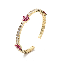 Темно-Розовый Кубический цирконий цветок открытая манжета браслеты, настоящие позолоченные украшения из латуни для женщин, темно-розовыми, внутренний диаметр: 18 дюйм (2-1/4 см)