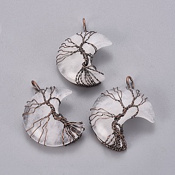 Quartz Crystal Natural Quartz Crystal Tree of Life Wire Wrapped Pendants, Rock Crystal, with Brass Findings, Crescent Moon, Red Copper, 44~46x26~32x12.5mm, Hole: 6.5x4.5mm