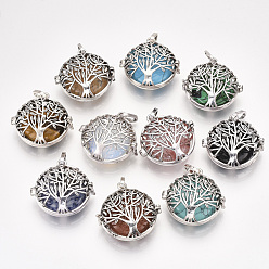 Mixed Color Alloy Cage Big Pendants, Hollow, with Natural/Synthetic Gemstone Beads, Flat Round with Tree, Antique Silver, 34.5x35x16mm, Hole: 8.5x3.5mm, Inner Diameter: 27.5mm, Bead: 24.5~25x5.5mm