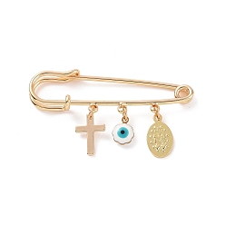 Golden Enamel Eye Enamel Evil Eye & Cross Charms Safety Pin Brooch, Brass Sweater Shawl Clips for Waist Pants Extender Clothes Dresses Decorations, Golden, 30x50x7mm, Pin: .5mm