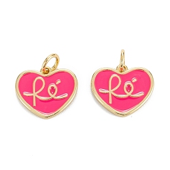 Deep Pink Brass Enamel Charms, Real 18K Gold Plated, Long-Lasting Plated, Heart with RE, Deep Pink, 12x13.5x1.5mm, Hole: 3mm, Jump Ring: 5x0.8mm