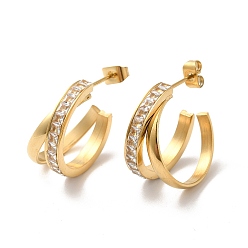 Golden Crystal Rhinestone Criss Cross Stud Earrings, Ion Plating(IP)304 Stainless Steel Half Hoop Earrings for Women, Golden, 21x21x10mm, Pin: 0.8mm