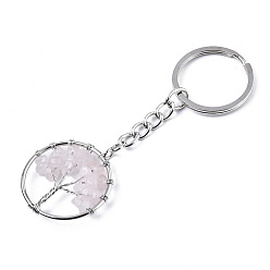 Rose Quartz Natural Rose Quartz Chips Chakra Keychain, with Platinum Plated Stainless Steel Split Key Rings, Flat Round with Tree, 90mm