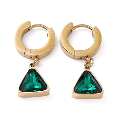 Green Cubic Zirconia Triangle Dangle Hoop Earrings, Golden 304 Stainless Steel Jewelry for Women, Green, 27mm, Pin: 1mm