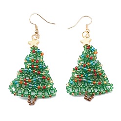 Green Glass Seed Beads Christmas Tree Dangle Earrings, for Christmas, with Golden Plated Brass Earring Hooks, Green, 53x33x4.5mm, Pin: 0.8mm