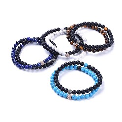 Mixed Stone Natural Black Agate(Dyed) Bead and Gemstone Bead Stretch Bracelet Sets, with Brass Micro Pave Cubic Zirconia Bead, Frosted, Gunmetal & Rose Gold, 2-1/8 inch(5.5cm), 2pcs/set
