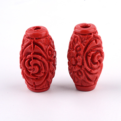 Brique Rouge Perles de cinabre sculptées, baril, firebrick, 16~17.5x9.5x9.5mm, Trou: 2.5mm