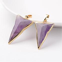 Amethyst Natural Amethyst Pendants, Triangle, with Brass Findings, Golden, 30~40x20~31x6~10mm, Hole: 5x7mm