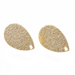 Real 18K Gold Plated Brass Stud Earring Findings, with Loop, Teardrop, Bumpy, Nickel Free, Real 18K Gold Plated, 14x9x1mm, Hole: 1mm, Pin: 0.7mm