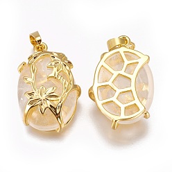 Quartz Crystal Natural Quartz Crystal Pendants, Rock Crystal Pendants, with Golden Tone Brass Findings, Oval with Flower, 32x20x9mm, Hole: 5x8mm