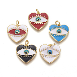 Mixed Color Brass Enamel Pendants, Heart with Evil Eye, Golden, Mixed Color, 17.5x18x2.5mm, Hole: 2.5mm
