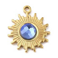 Cornflower Blue Real 18K Gold Plated 304 Stainless Steel Pendants, with Glass, Sun Charms, Cornflower Blue, 19x16x3.5~4.5mm, Hole: 1.6mm
