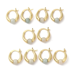 Malaysia Jade Natural Malaysia Jade Round Beaded Hoop Earrings, Real 18K Gold Plated Brass Jewelry, Cadmium Free & Lead Free, 19x15x6.5mm