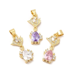 Mixed Color Rack Plating Brass Micro Pave Cubic Zirconia Pendants, Cadmium Free & Lead Free, Long-Lasting, Flower & Teartrop, Mixed Color, 24x10x7mm, Hole: 3x5mm