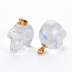 Clear AB Electroplate K9 Glass Pendants, with Golden Plated Brass Bails, Skull, Halloween, Clear AB, 25x26~27x19mm, Hole: 5x3mm