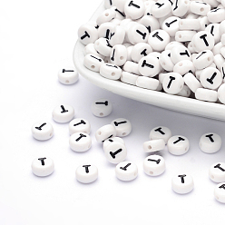 Letter T Acrylic Beads, with Horizontal Hole, Letter, Flat Round, Letter.T, 7x4mm, Hole: 1mm, about 3500pcs/500g