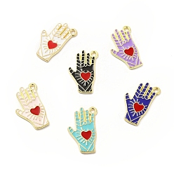 Mixed Color Alloy Enamel Pendants, Hand with Heart Pattern, Platinum, Golden, Mixed Color, 21.5x14x1.5mm, Hole: 1.6mm