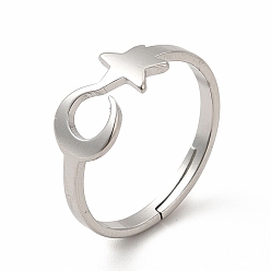 Color de Acero Inoxidable 304 anillo ajustable de acero inoxidable con estrella y luna para mujer, color acero inoxidable, tamaño de EE. UU. 6 1/4 (16.7 mm)