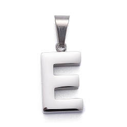 Letter E 304 Stainless Steel Letter Pendants, Manual Polishing, Alphabet, Stainless Steel Color, Letter.E, 18x10x3.5mm, Hole: 6.5x3.5mm