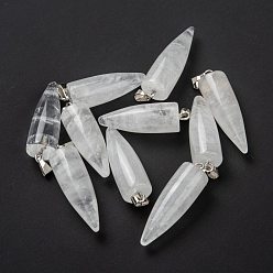 Cristal de cuarzo Colgantes de cristal de cuarzo naturales, colgantes de cristal de roca, con fornituras de latón de platino, bala, 32~35x10~11 mm, agujero: 7 mm