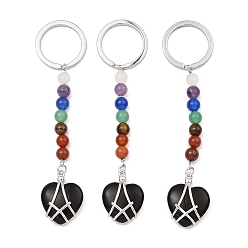 Obsidian Natural Obsidian Heart Keychain, with Chakra Gemstone Bead and Platinum Tone Rack Plating Brass Findings, 10.5cm