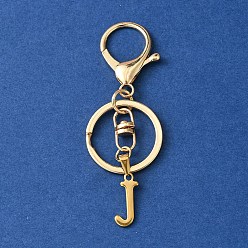 Letter J 304 Stainless Steel Initial Letter Charm Keychains, with Alloy Clasp, Golden, Letter J, 8.5cm