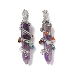 Amethyst Natural Amethyst Pointed Big Pendants, with Platinum Plated Rack Plating Brass Findings and Mixed Stone Chip Beads, Cadmium Free & Lead Free, Faceted, Bullet Charm, 64~68x16~17x16~17mm, Hole: 7.5mm