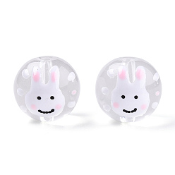 White Transparent Handmade Lampwork Beads, Round with Rabbit Pattern, White, 12.5x11.5mm, Hole: 1.6mm