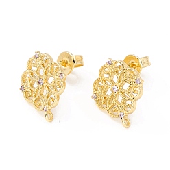 Real 18K Gold Plated Brass Micro Pave Clear Cubic Zirconia Stud Earring Findings, with Loop, Cadmium Free & Lead Free & Nickel Free, Flower, Real 18K Gold Plated, 13.5x12x1.5mm, Hole: 0.7mm, Pin: 1mm