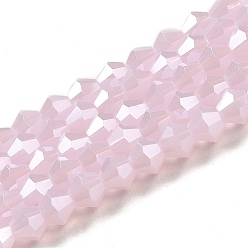 Pink Perlas de vidrio imitación de jade electroplate hebras, lustre de la perla chapado, facetados, bicono, rosa, 4x4 mm, agujero: 0.8 mm, sobre 87~98 unidades / cadena, 12.76~14.61 pulgada (32.4~37.1 cm)