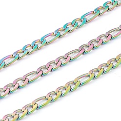Rainbow Color Ion Plating(IP) 304 Stainless Steel Figaro Chain, Unwelded, with Spool, Rainbow Color, Link: 6x4x1mm and 8x4x1mm, 32.8 Feet(10m)/roll