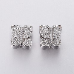Platinum Brass Micro Pave Cubic Zirconia European Beads, Large Hole Beads, Butterfly, Clear, Platinum, 9.5x9.5x9mm, Hole: 4.5mm