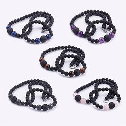 Mixed Stone Natural Gemstone Beaded Necklaces & Stretch Bracelets Jewelry Sets, with Natural Lava Rock Beads & Brass Lobster Claw Clasps, 17.71 inch(45cm), 2 inch(52mm)