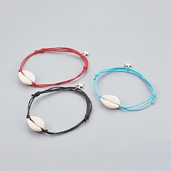 Mixed Color Adjustable Cowrie Shell Anklets, with Tibetan Style Alloy Starfish/Sea Stars Charms and Chinese Waxed Cotton Cord, Mixed Color, 6-1/4 inch(16cm)~11-3/8 inch(29cm)