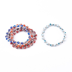 Mixed Color Handmade Round Evil Eye Lampwork Beaded Stretch Bracelets, with Alloy Spacer Beads, Antique Silver, Mixed Color, Inner Diameter: 2 inch(5.2cm)