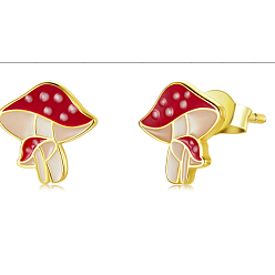 Golden Red Enamel Fresh Mushroom Stud Earrings, 925 Sterling Silver Jewelry for Women, Golden, 9x9mm, Pin: 0.9mm