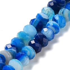 Bleu Agate à bandes naturelles / brins de perles d'agate à rayures, teints et chauffée, facettes rondelle, bleu, 8~8.5x5~5.5mm, Trou: 1mm, Environ 72 pcs/chapelet, 15.24~15.35'' (38.7~39 cm)