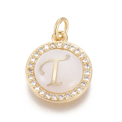 Letter T Brass Micro Pave Cubic Zirconia Pendants, with Shell, Long-Lasting Plated, Lead Free & Cadmium Free & Nickel Free, Real 18K Gold Plated, Flat Round with Letter, Clear, Letter.T, 16x13.5x3mm, Hole: 3mm