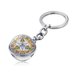 Gold Yoga Mandala Pattern Double-Sided Glass Half Round/Dome Pendant Keychain, with Alloy Findings, for Car Bag Pendant Accessories, Gold, 7.9cm