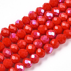 Rouge Orange Galvanoplastie opaques couleur unie perles de verre brins, demi arc-en-ciel plaqué, facette, rondelle, rouge-orange, 4x3mm, Trou: 0.4mm, Environ 123~127 pcs/chapelet, 16.5~16.9 pouce (42~43 cm)