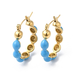 Bleu Ciel Foncé Boucles d'oreilles créoles en perles d'émail, véritable 14k plaqué or 304 bijoux en acier inoxydable pour femmes, bleu profond du ciel, 26x23x5mm, pin: 0.6 mm